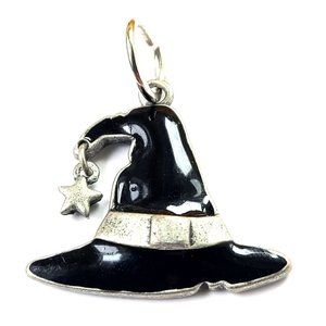Witches Hat Pendant Charm Silver-Tone Pewter & Black Enamel Halloween Witchy
